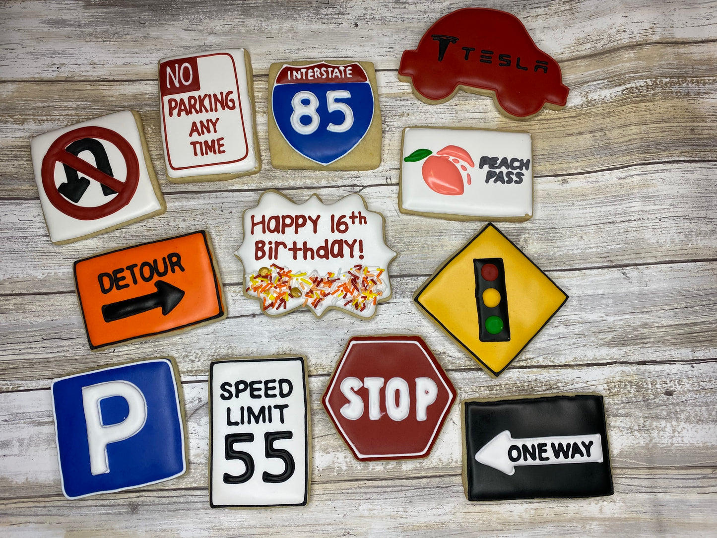 Sweet 16th Birthday or Driver's Test Road Sign Sugar Cookie Set