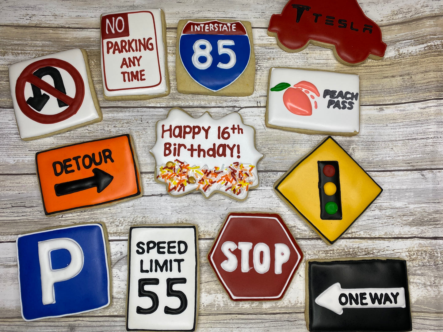 Sweet 16th Birthday or Driver's Test Road Sign Sugar Cookie Set