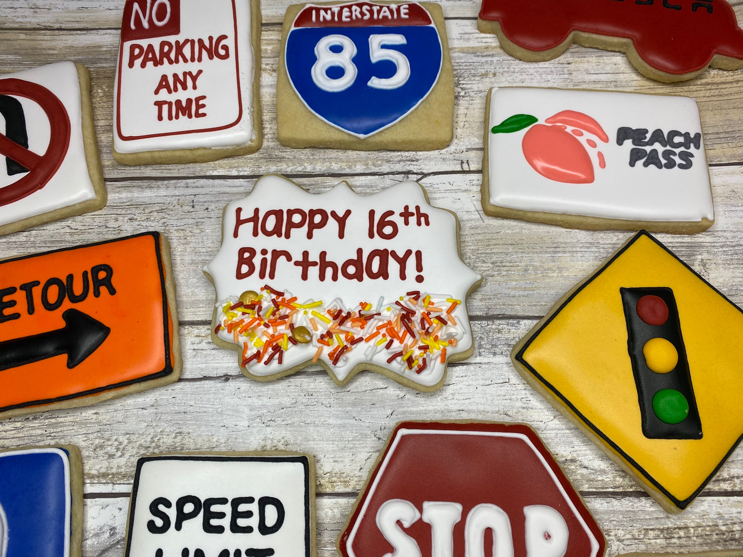 Sweet 16th Birthday or Driver's Test Road Sign Sugar Cookie Set