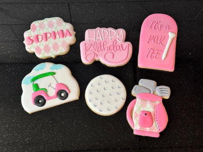 Let's PAR-TEE Golf Birthday Party Themed Sugar Cookie One Dozen Set, Pink or Blue