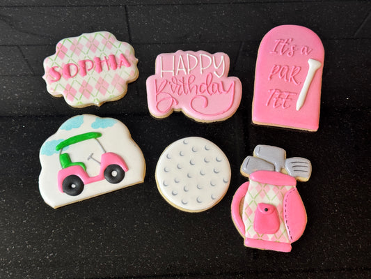 Let's PAR-TEE Golf Birthday Party Themed Sugar Cookie One Dozen Set, Pink or Blue