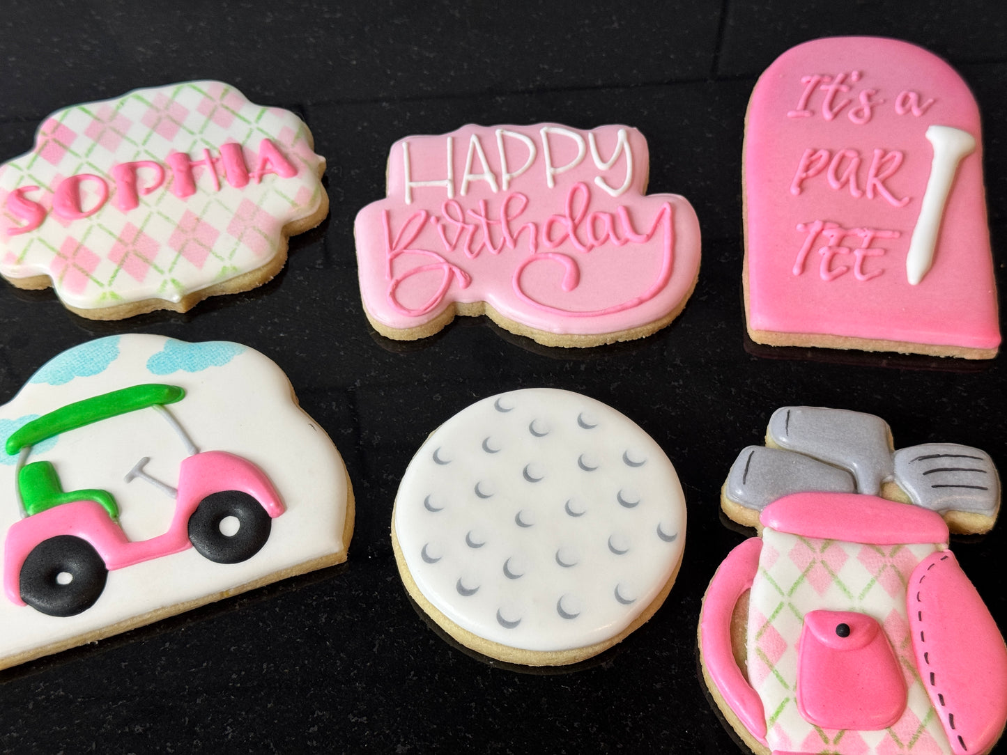 Let's PAR-TEE Golf Birthday Party Themed Sugar Cookie One Dozen Set, Pink or Blue